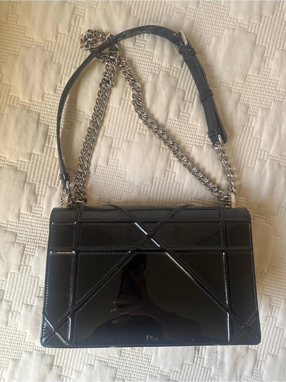Dior Black Patent Leather Shoulder Bag with Silver Chain - Diorama bag